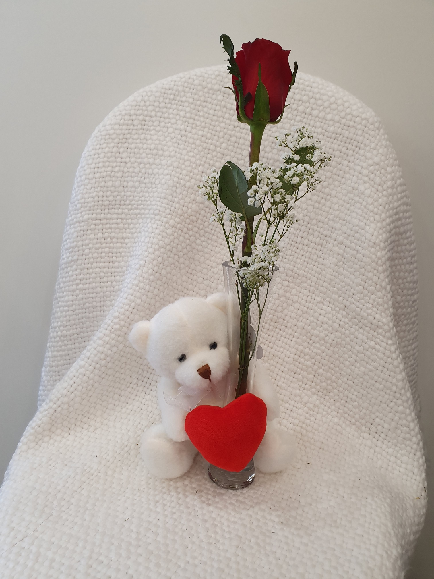 Heartfelt Teddy with Vase and Fresh red rose