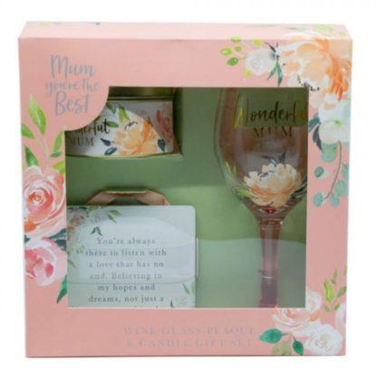 GIFT SET: MUM - WINE GLASS, PLAQUE, CANDLE