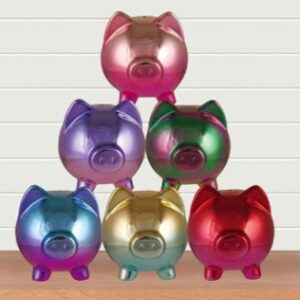Metallic Piggy Bank Ceramic piggy bank with rubber plug at base in bright..