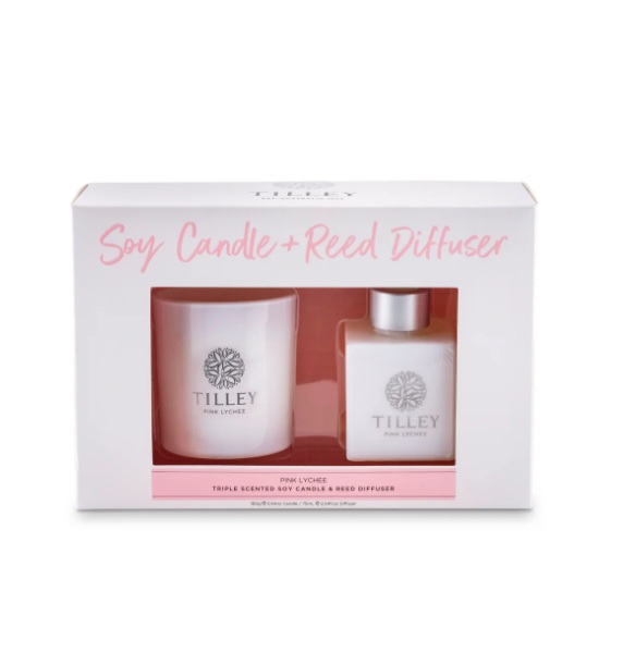 TILLEY CLASSIC WHITE PINK LYCHEE 160G CANDLE & 75ML REED DIFFUSER GIFT PACK