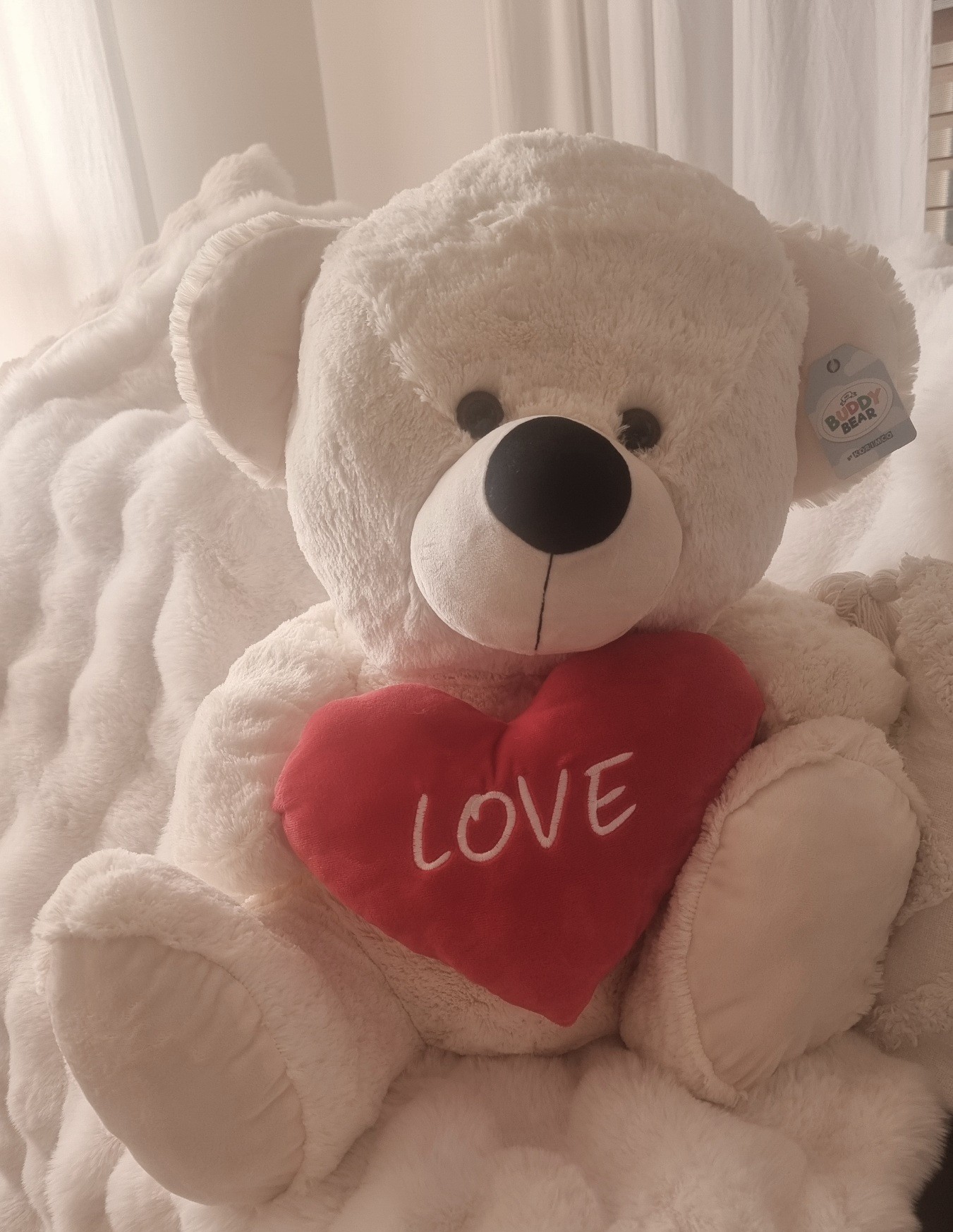 Plush cream teddy holding a heart (55 cm sitting)